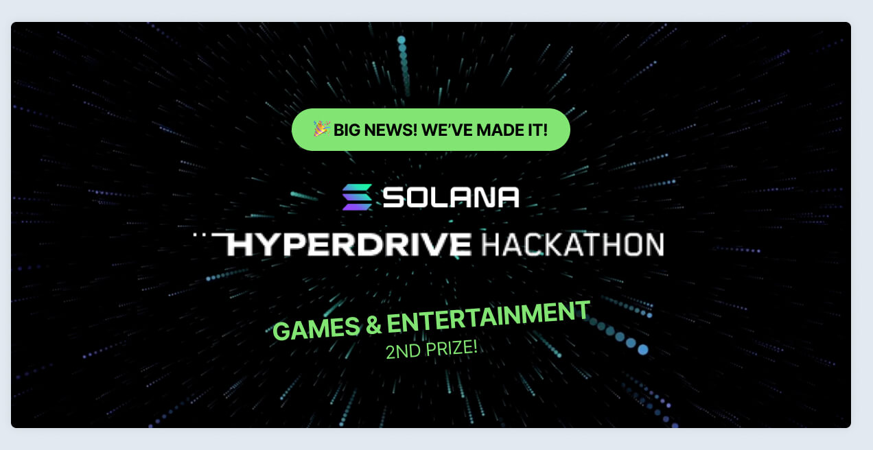 Celebratory banner announcing Sync Studio's Solana Hyperdrive Hackathon success, with 'Games & Entertainment 2nd Prize' highlighted.